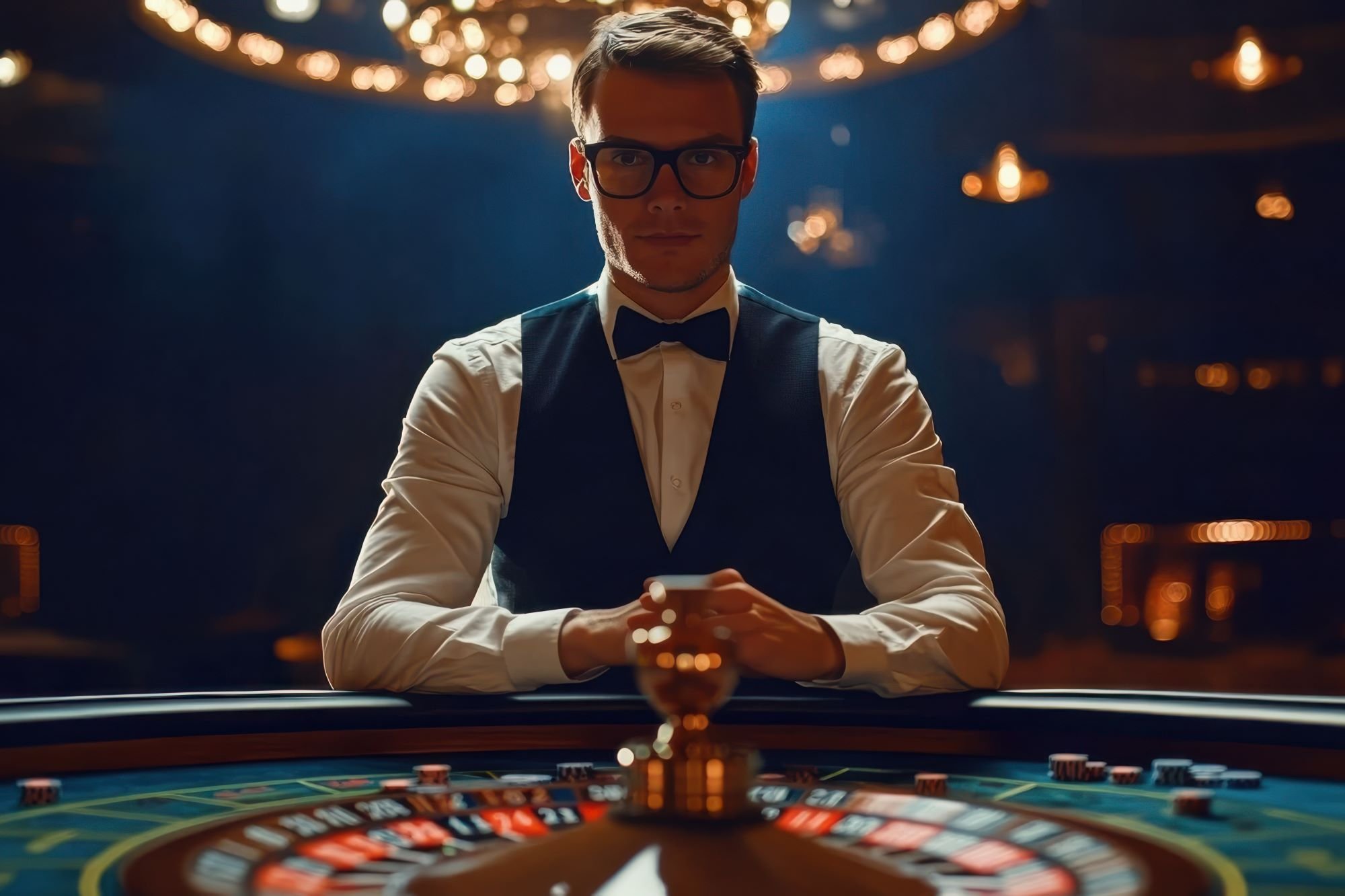 Live casino dealer at blackjack table with multiple player positions